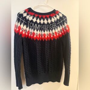 Tommy Hilfiger Women's Navy Sweater with Red and White Pattern